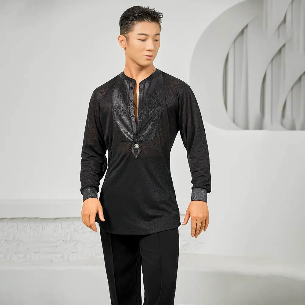 NY707 Men’s Panel Splice Long‑Sleeve Latin Dance Top